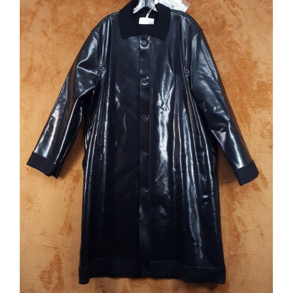 MM6 MAISON MARGIELA Trench Coat Mens Large Black Shiny Vinyl Knit Collar Unisex